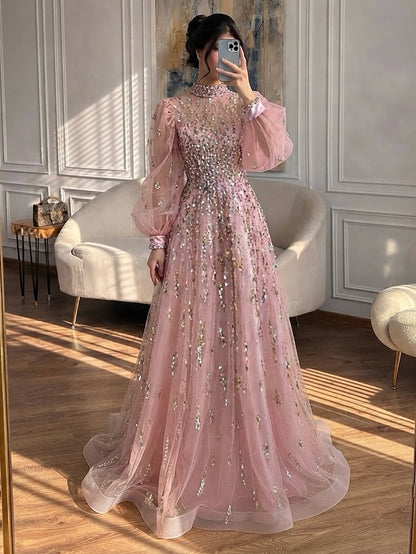 Luxury Nude Beaded High Neck Lantern Sleeve A-Line Dress LA73711A SERENE HILL