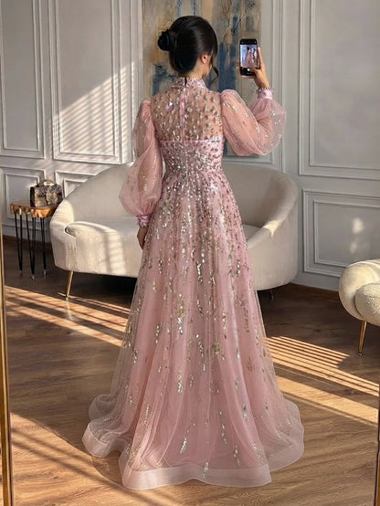 Luxury Nude Beaded High Neck Lantern Sleeve A-Line Dress LA73711A SERENE HILL