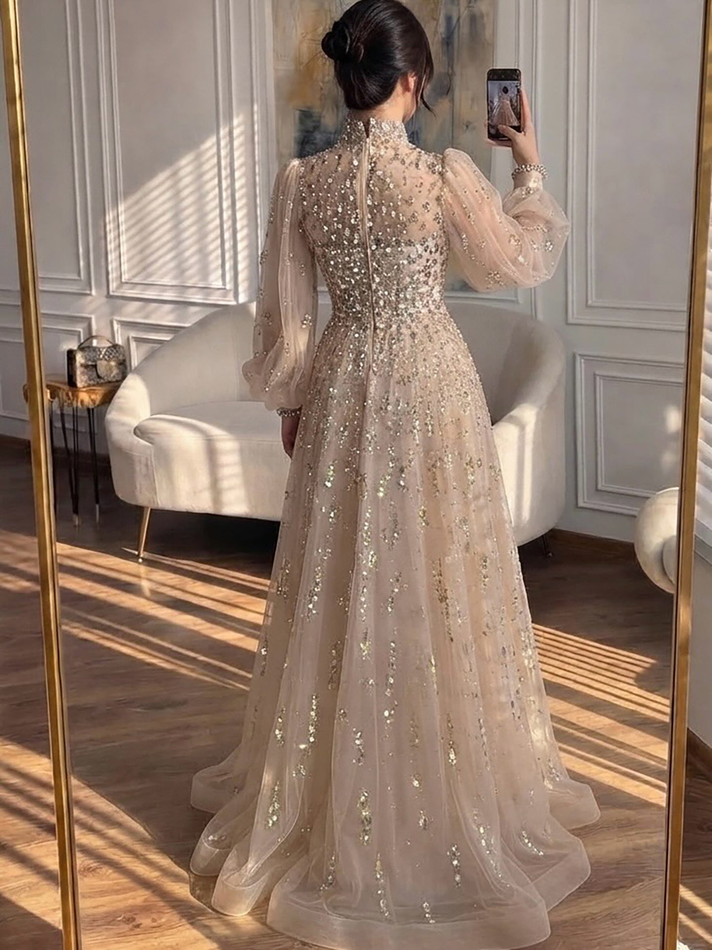 Luxury Nude Beaded High Neck Lantern Sleeve A-Line Dress LA73711A SERENE HILL