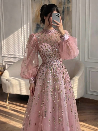 Luxury Nude Beaded High Neck Lantern Sleeve A-Line Dress LA73711A SERENE HILL
