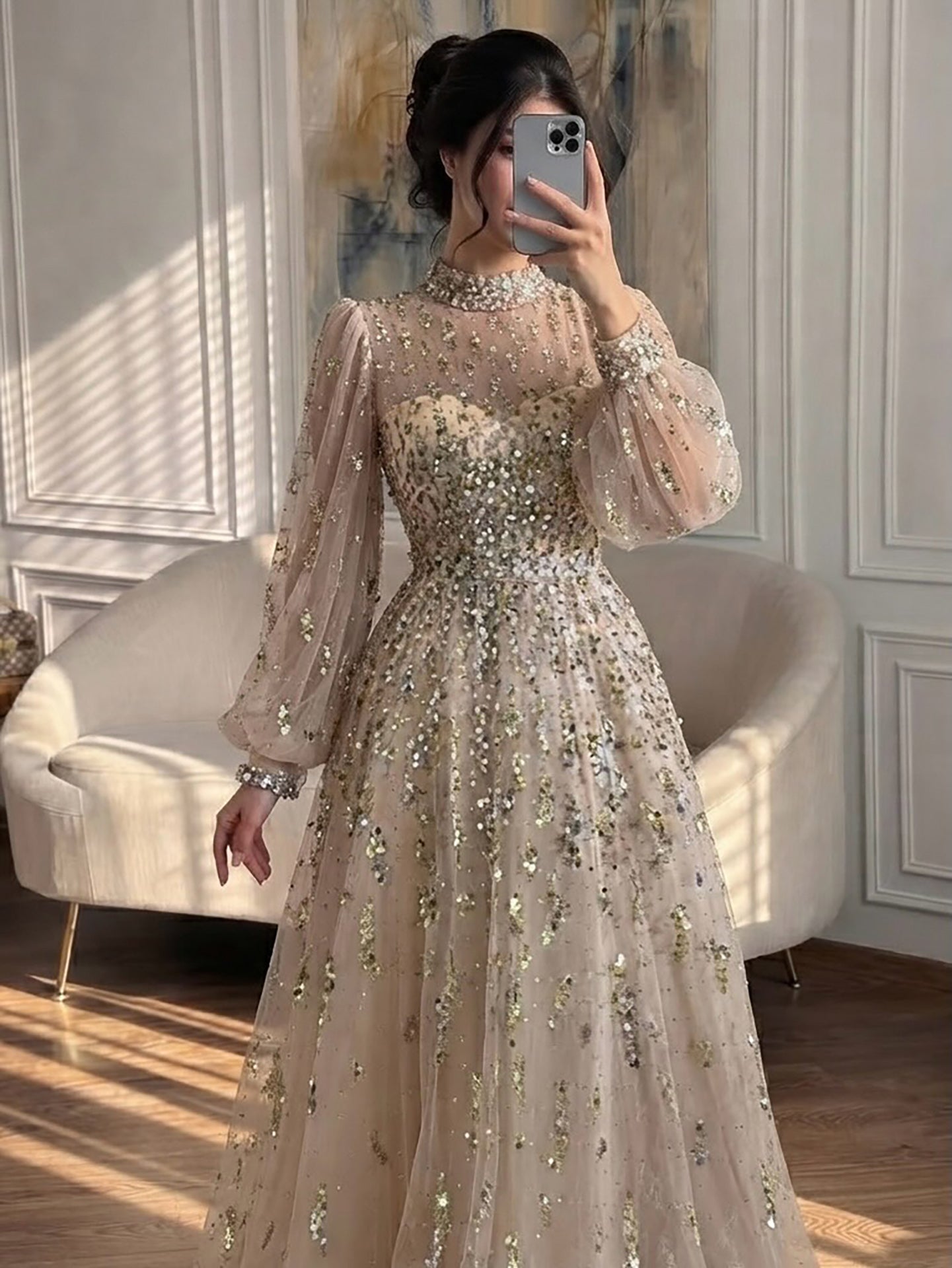 Luxury Nude Beaded High Neck Lantern Sleeve A-Line Dress LA73711A SERENE HILL