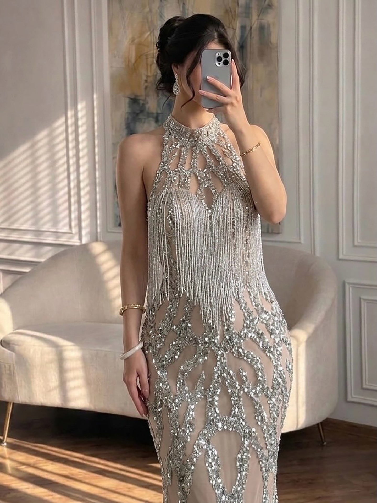 Luxury Caramel Beaded Mermaid Evening Dress with Tassel LA73712