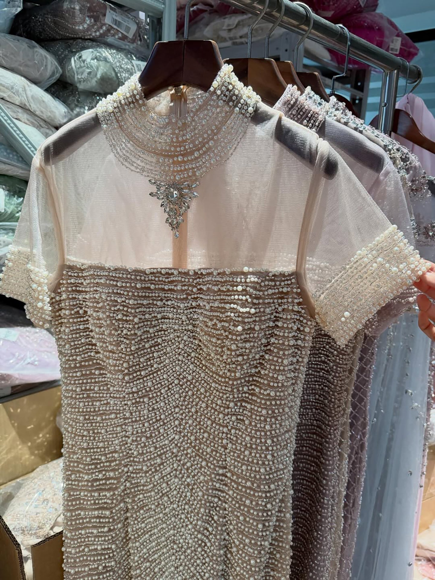 Luxury Nude Pearl Beaded High Neck Short Sleeve Mermaid Slit Evening Dress LA73713