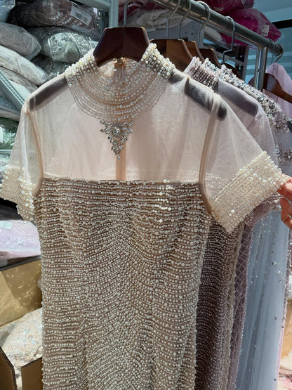 Luxury Nude Pearl Beaded High Neck Short Sleeve Mermaid Slit Evening Dress LA73713