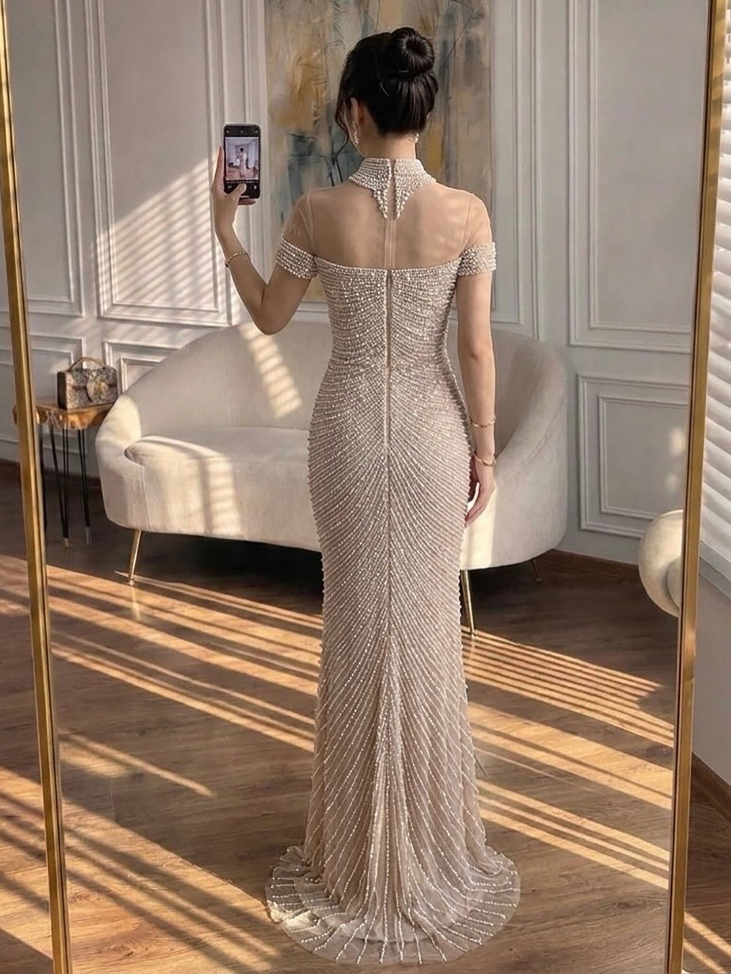 Luxury Nude Pearl Beaded High Neck Short Sleeve Mermaid Slit Evening Dress LA73713