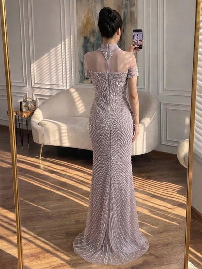 Luxury Nude Pearl Beaded High Neck Short Sleeve Mermaid Slit Evening Dress LA73713