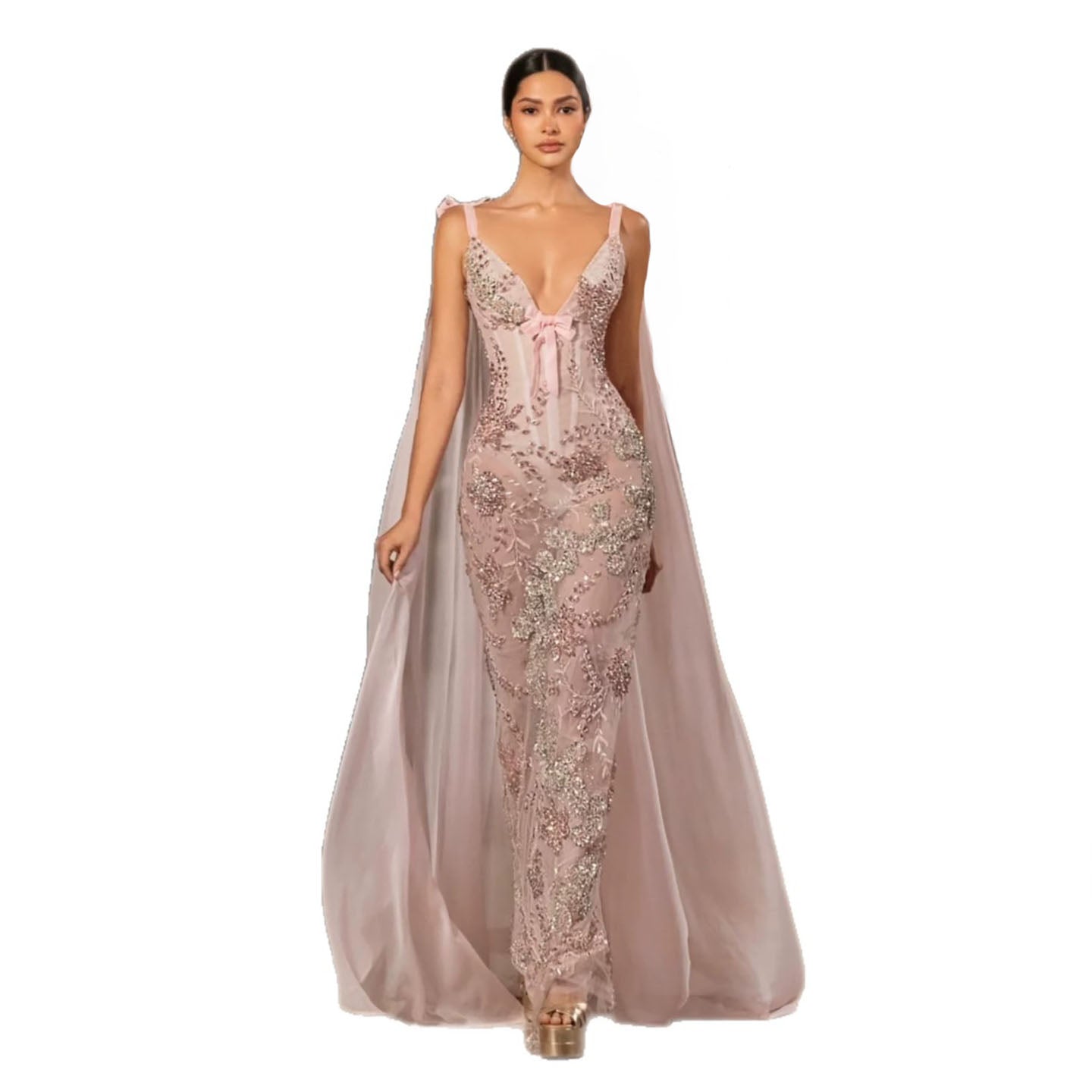 Luxury Pink V Neck Crystal Beaded Mermaid Dress with Cape LA73714 SERENE HILL