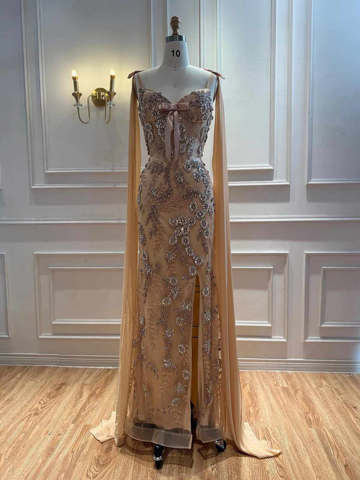 Luxury Pink V Neck Crystal Beaded Mermaid Dress with Cape LA73714