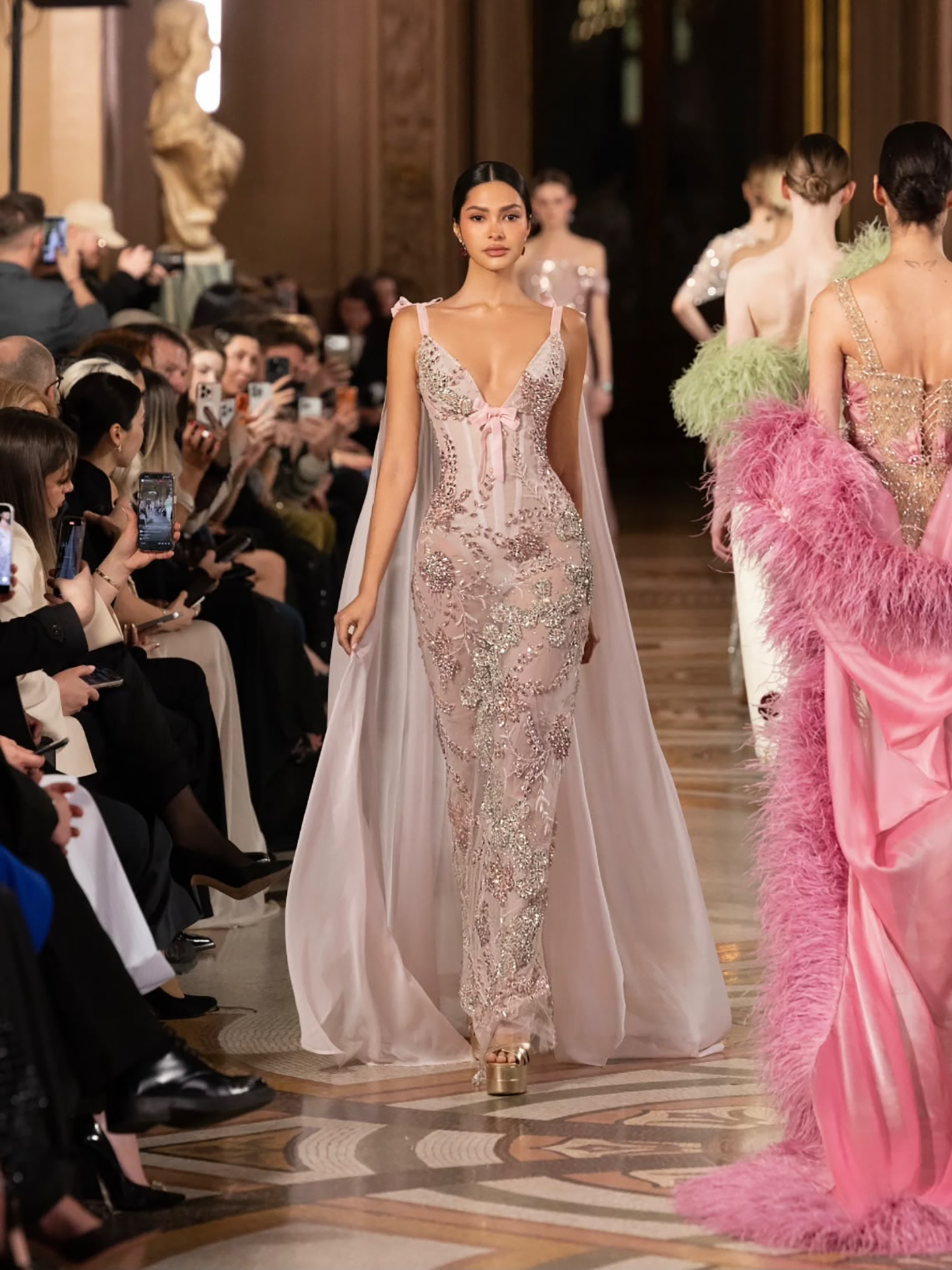 Luxury Pink V Neck Crystal Beaded Mermaid Dress with Cape LA73714 SERENE HILL