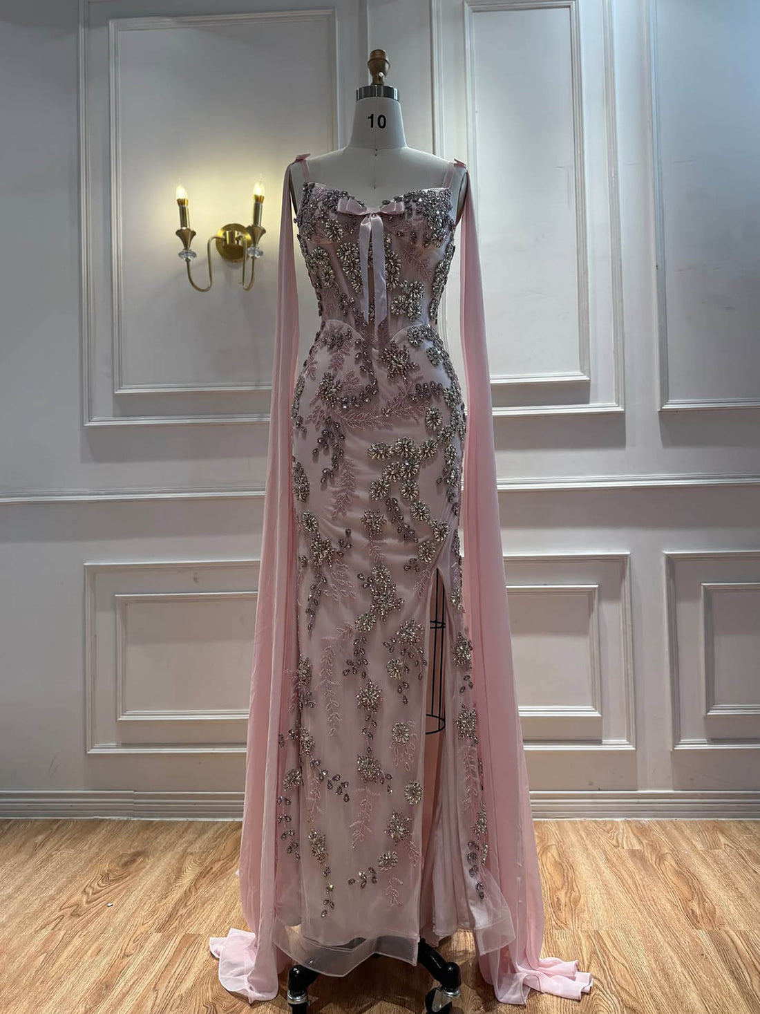 Luxury Pink V Neck Crystal Beaded Mermaid Dress with Cape LA73714