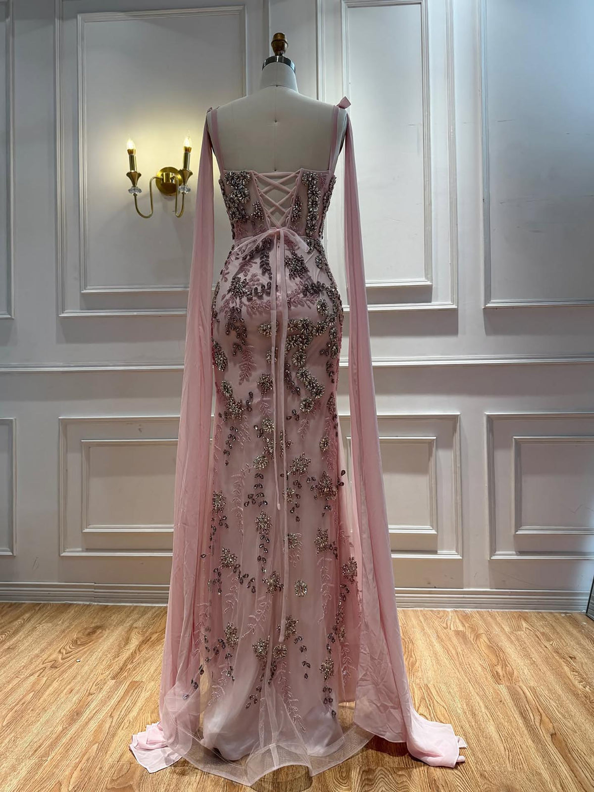 Luxury Pink V Neck Crystal Beaded Mermaid Dress with Cape LA73714