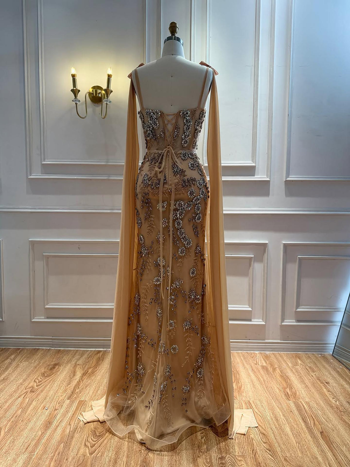 Luxury Pink V Neck Crystal Beaded Mermaid Dress with Cape LA73714