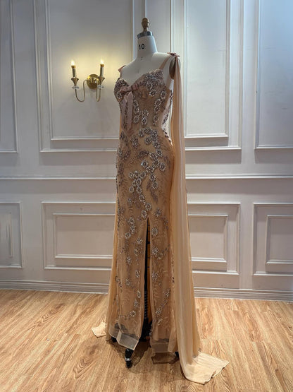 Luxury Pink V Neck Crystal Beaded Mermaid Dress with Cape LA73714