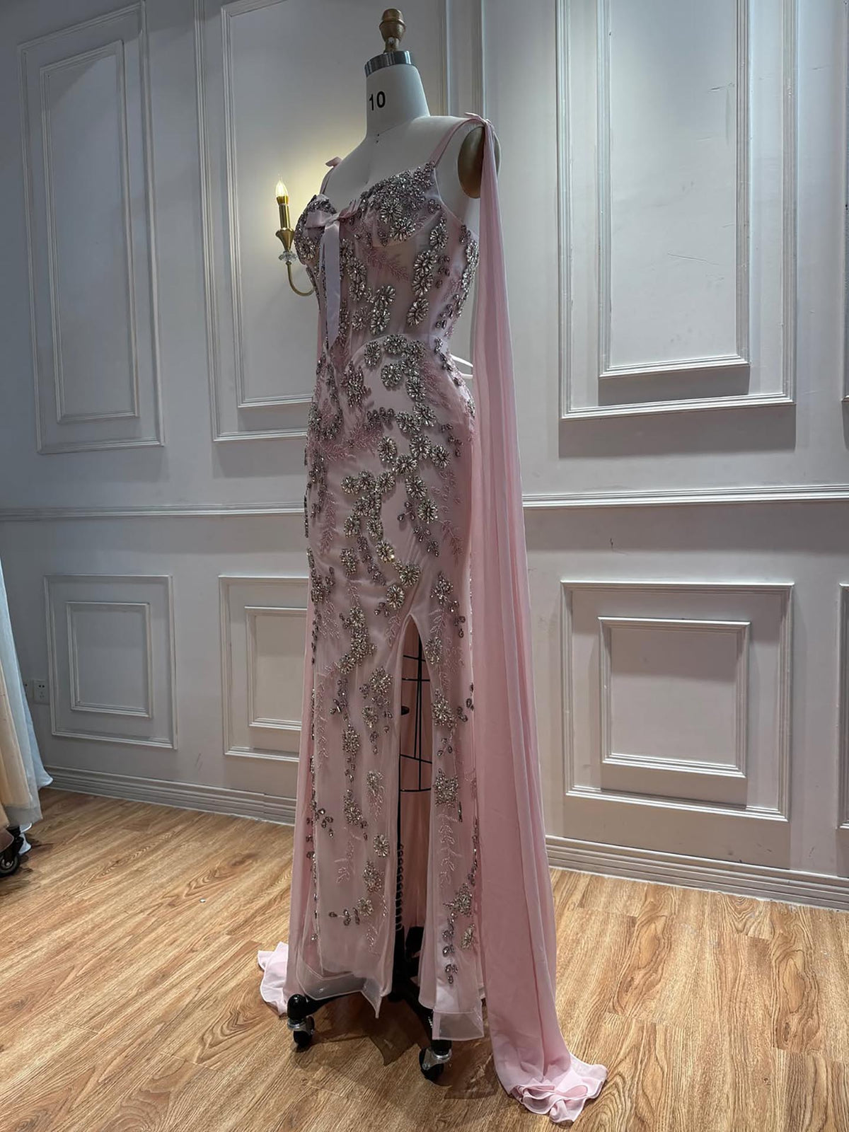 Luxury Pink V Neck Crystal Beaded Mermaid Dress with Cape LA73714