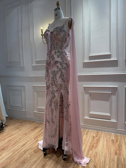 Luxury Pink V Neck Crystal Beaded Mermaid Dress with Cape LA73714