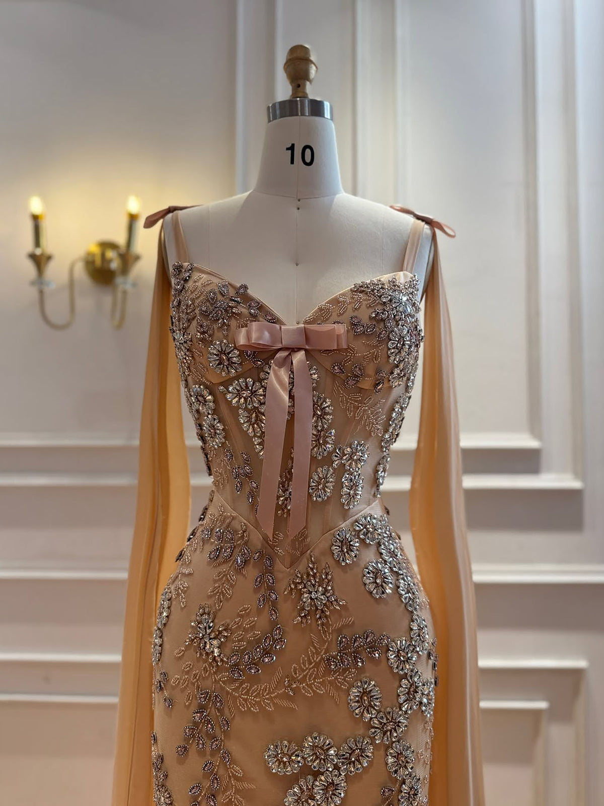 Luxury Pink V Neck Crystal Beaded Mermaid Dress with Cape LA73714