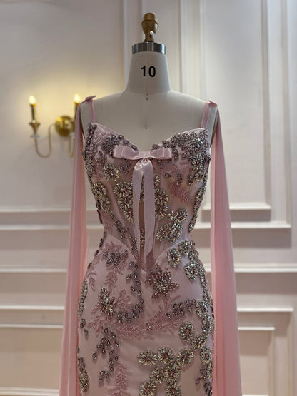 Luxury Pink V Neck Crystal Beaded Mermaid Dress with Cape LA73714