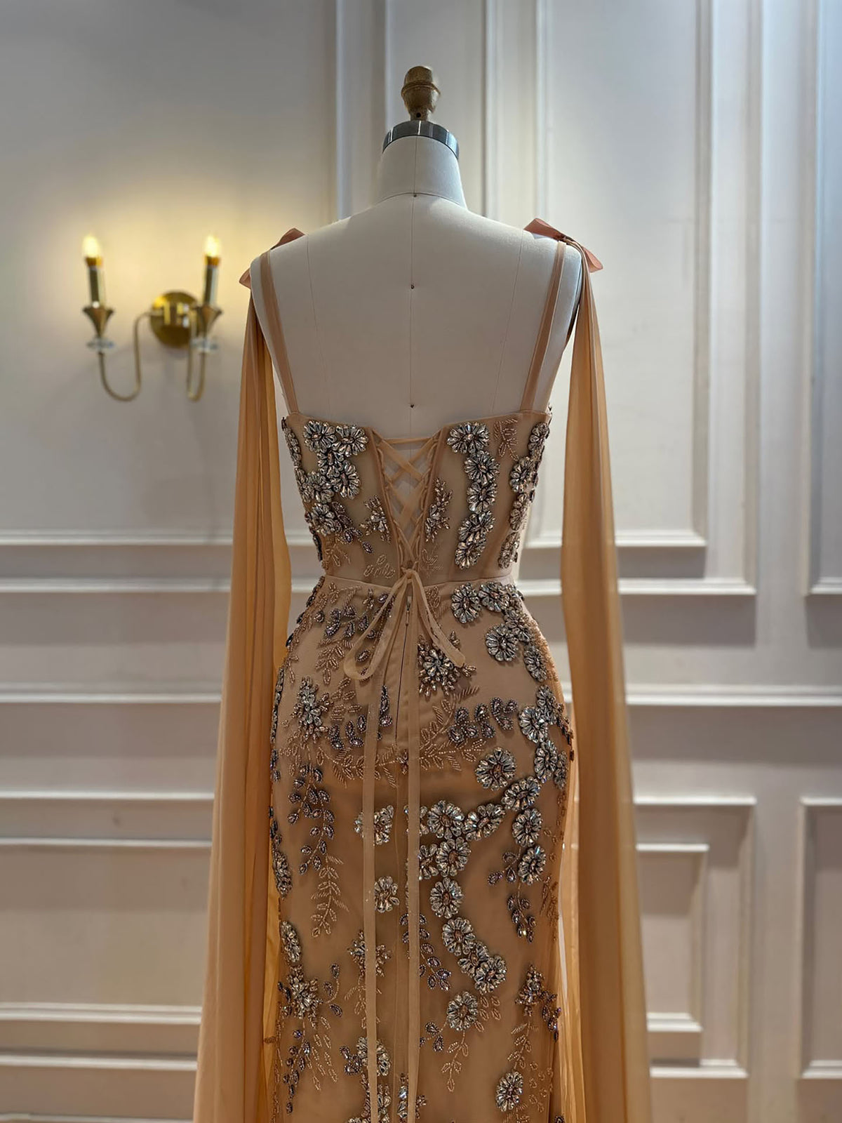 Luxury Pink V Neck Crystal Beaded Mermaid Dress with Cape LA73714