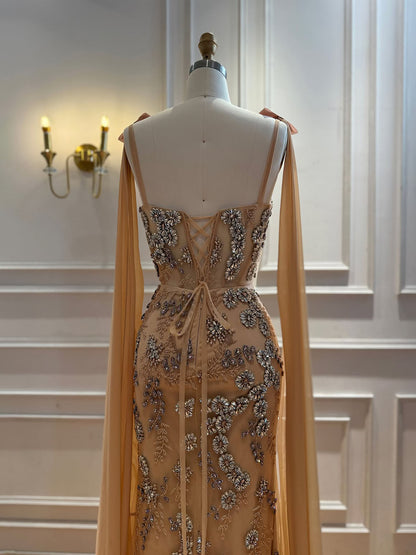 Luxury Pink V Neck Crystal Beaded Mermaid Dress with Cape LA73714