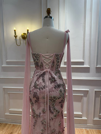 Luxury Pink V Neck Crystal Beaded Mermaid Dress with Cape LA73714