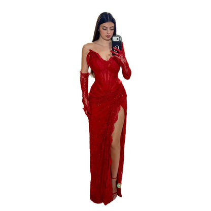 Luxury Red Lace Beaded Mermaid Evening Dress with Slit and Gloves LA73714