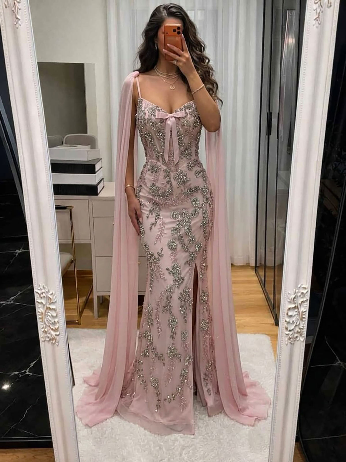 Luxury Pink V Neck Crystal Beaded Mermaid Dress with Cape LA73714