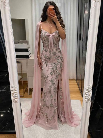 Luxury Pink V Neck Crystal Beaded Mermaid Dress with Cape LA73714