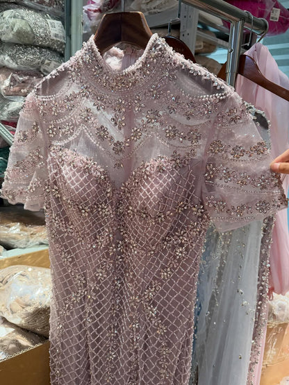 Luxury Pink Crystal Beaded High Neck Short Sleeve Mermaid Evening Dress LA73715
