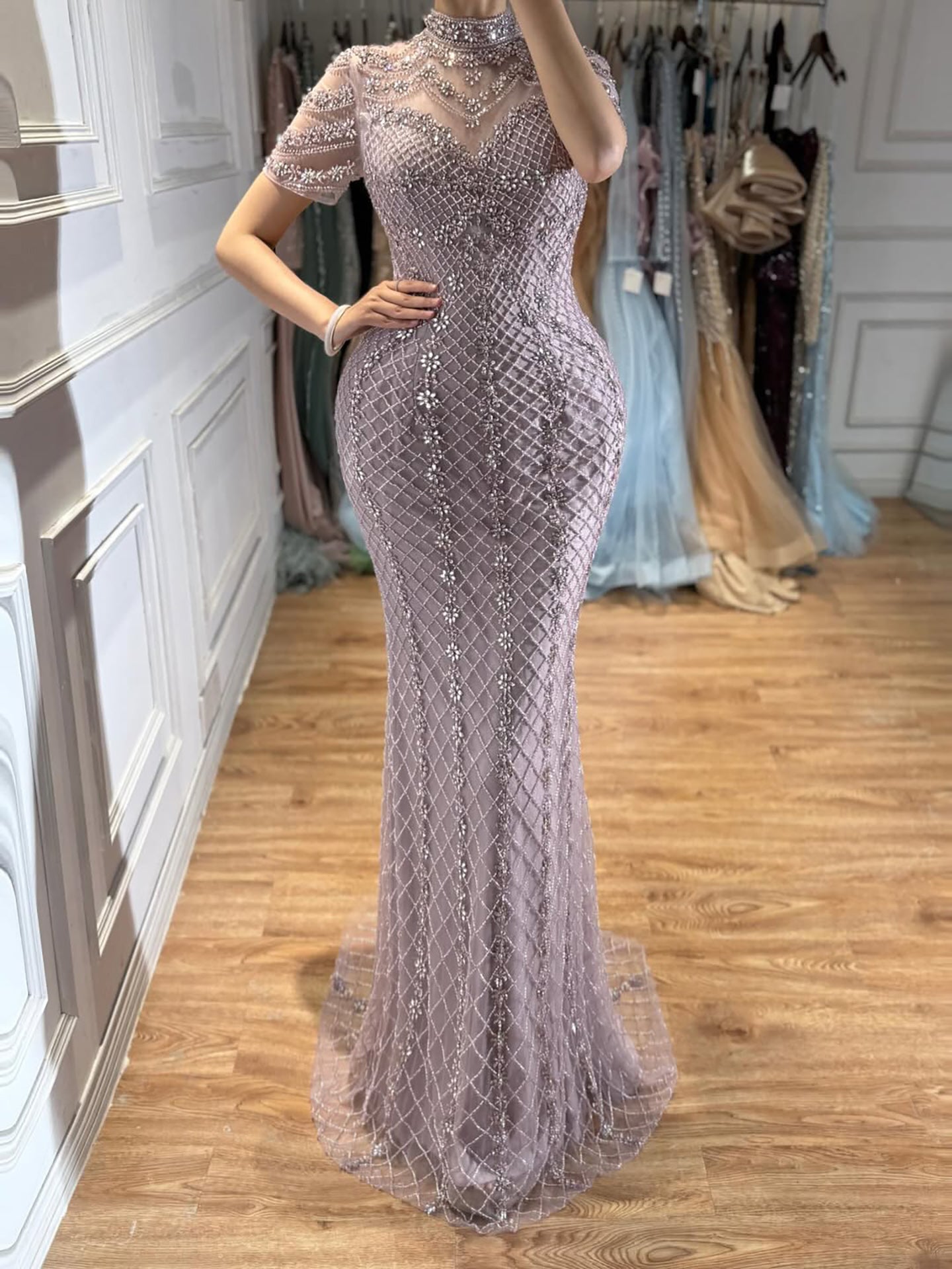 Luxury Pink Crystal Beaded High Neck Short Sleeve Mermaid Evening Dress LA73715