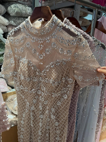 Luxury Pink Crystal Beaded High Neck Short Sleeve Mermaid Evening Dress LA73715