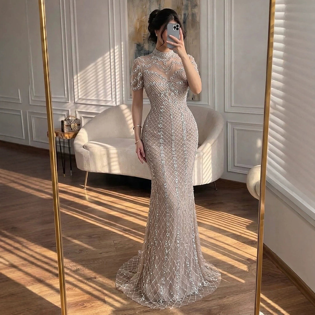 Luxury Pink Crystal Beaded High Neck Short Sleeve Mermaid Evening Dress LA73715