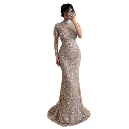Luxury Pink Crystal Beaded High Neck Short Sleeve Mermaid Evening Dress LA73715
