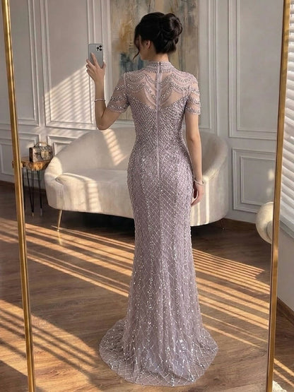 Luxury Pink Crystal Beaded High Neck Short Sleeve Mermaid Evening Dress LA73715