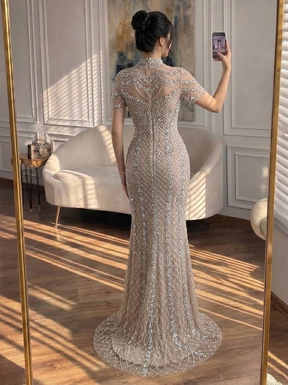 Luxury Pink Crystal Beaded High Neck Short Sleeve Mermaid Evening Dress LA73715