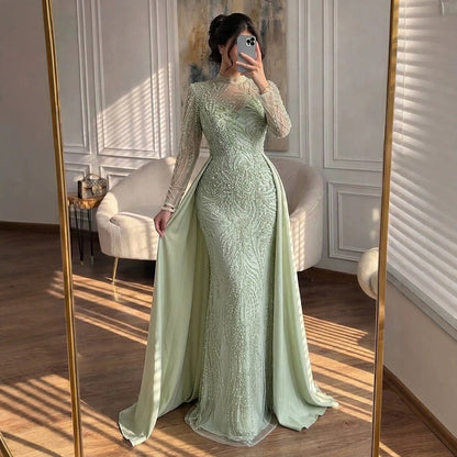 Luxury Sage Green Beaded Mermaid Dress with Overskirt LA73716 SERENE HILL