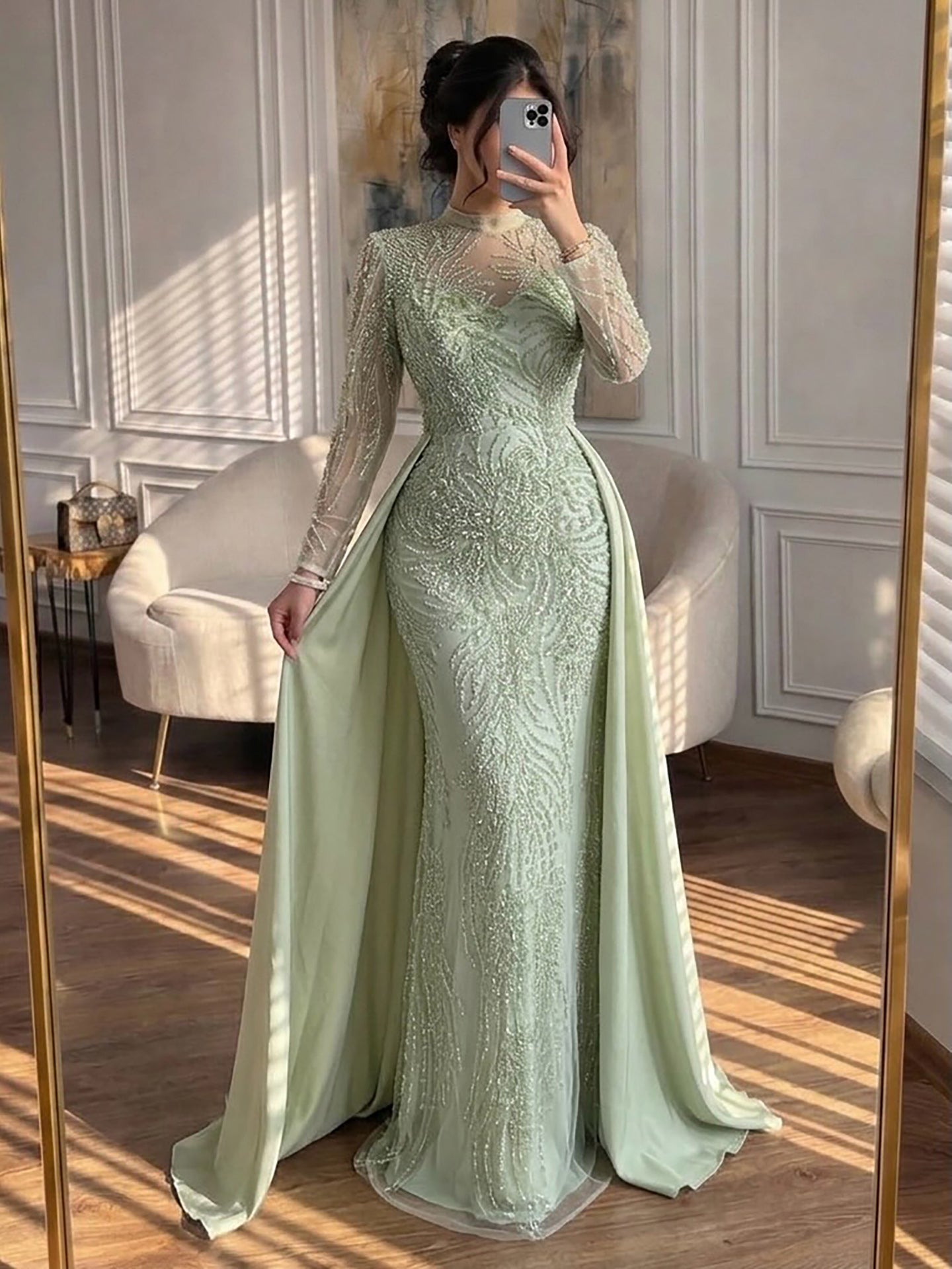 Luxury Sage Green Beaded Mermaid Dress with Overskirt LA73716 Sage Green / 8
