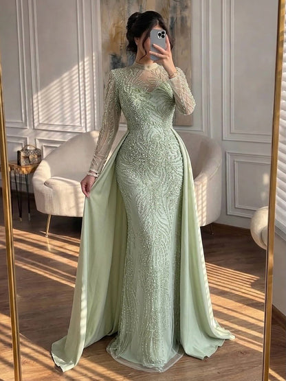 Luxury Sage Green Beaded Mermaid Dress with Overskirt LA73716 SERENE HILL