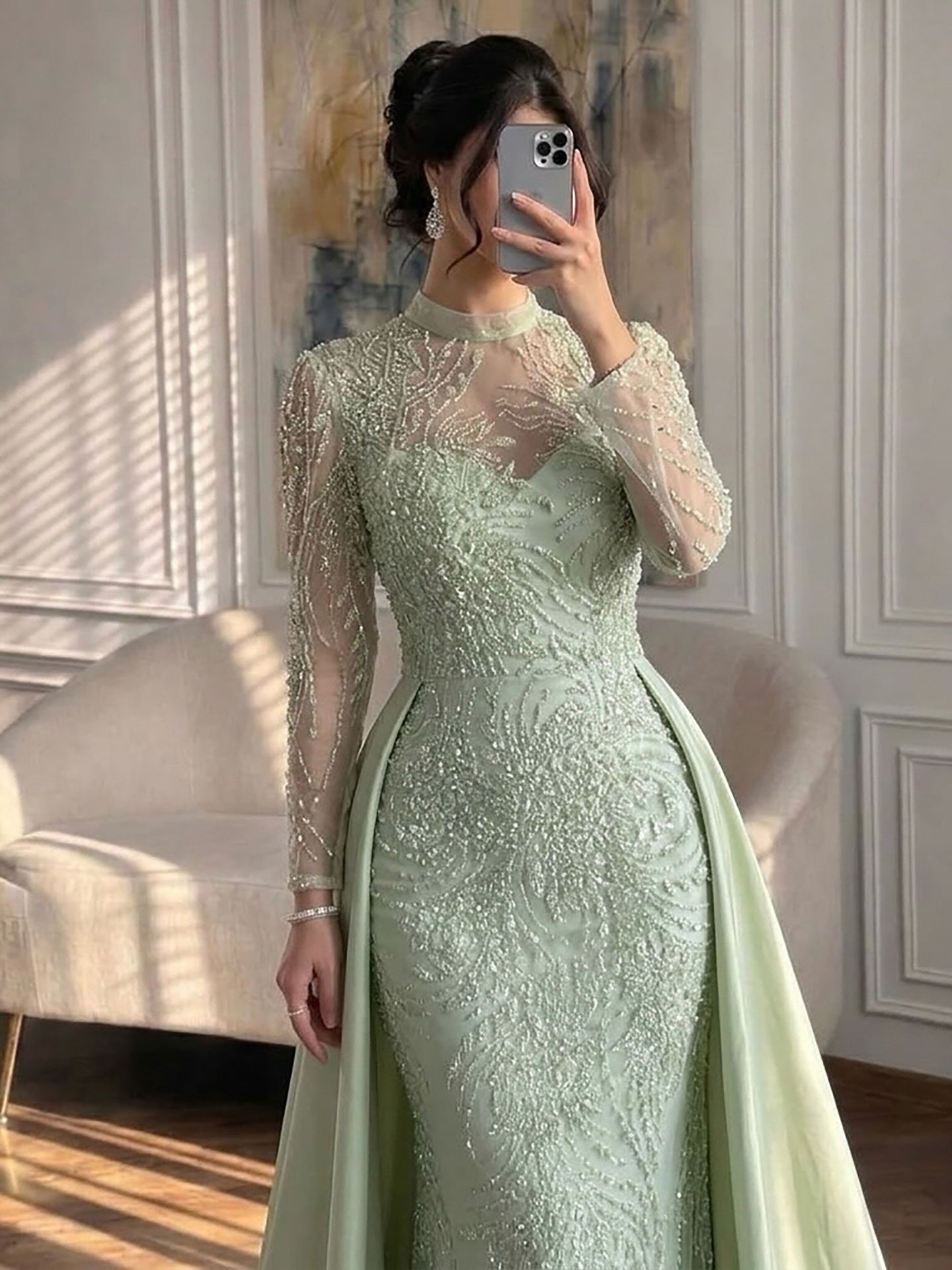 Luxury Sage Green Beaded Mermaid Dress with Overskirt LA73716 SERENE HILL