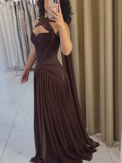 Luxury Brown Beaded A Line Evening Dress LA73717