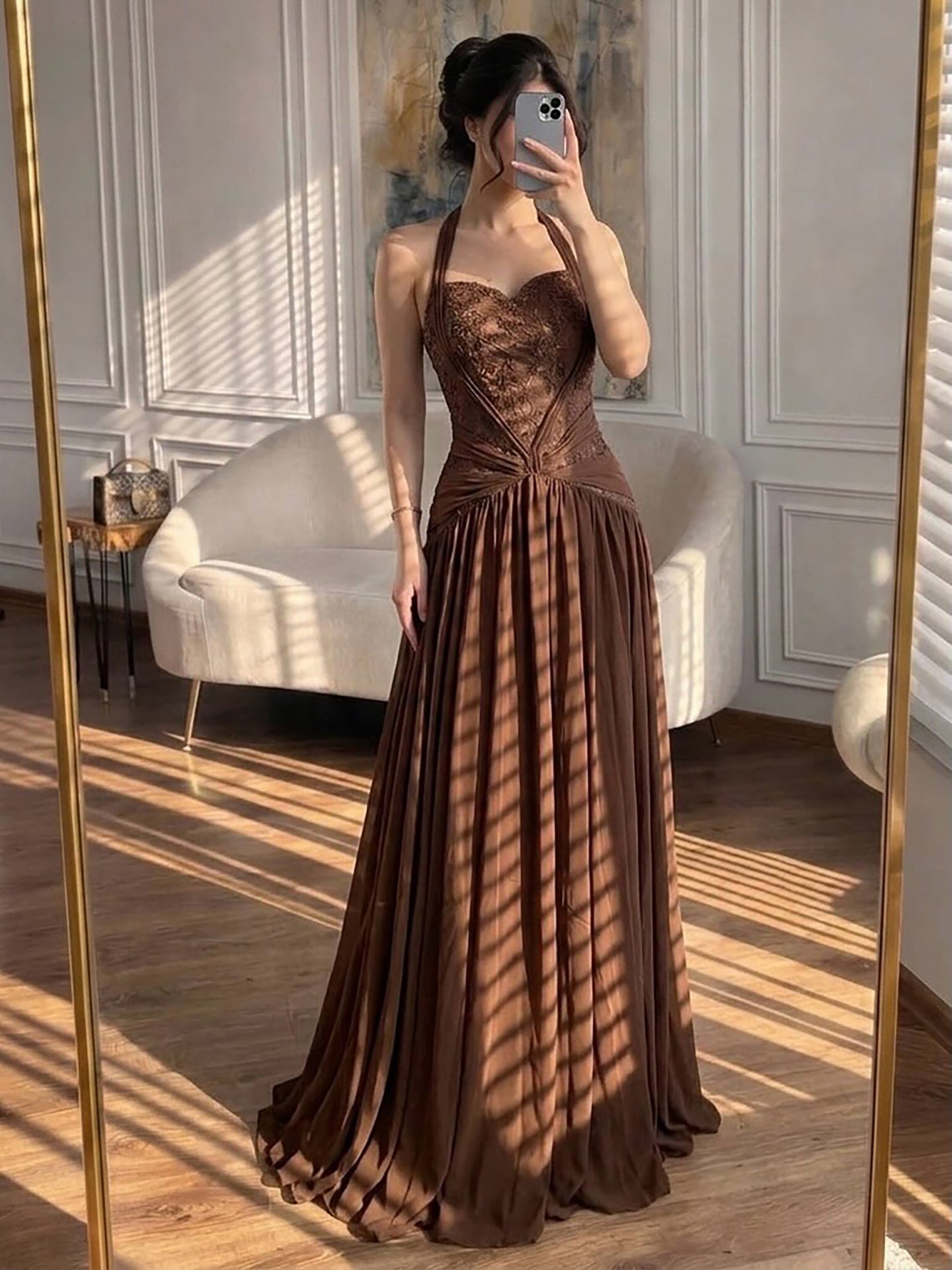 Luxury Brown Beaded A Line Evening Dress LA73717 SERENE HILL