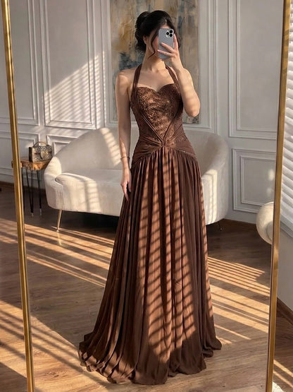 Luxury Brown Beaded A Line Evening Dress LA73717 SERENE HILL