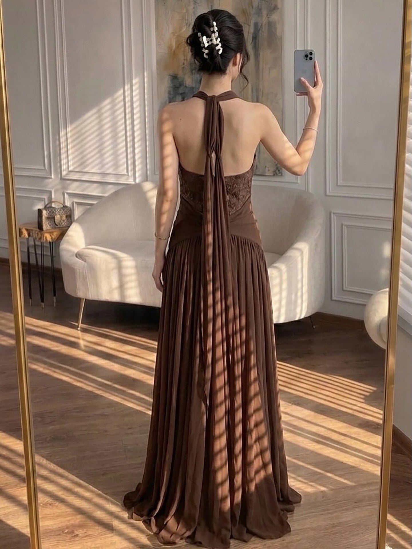 Luxury Brown Beaded A Line Evening Dress LA73717 SERENE HILL