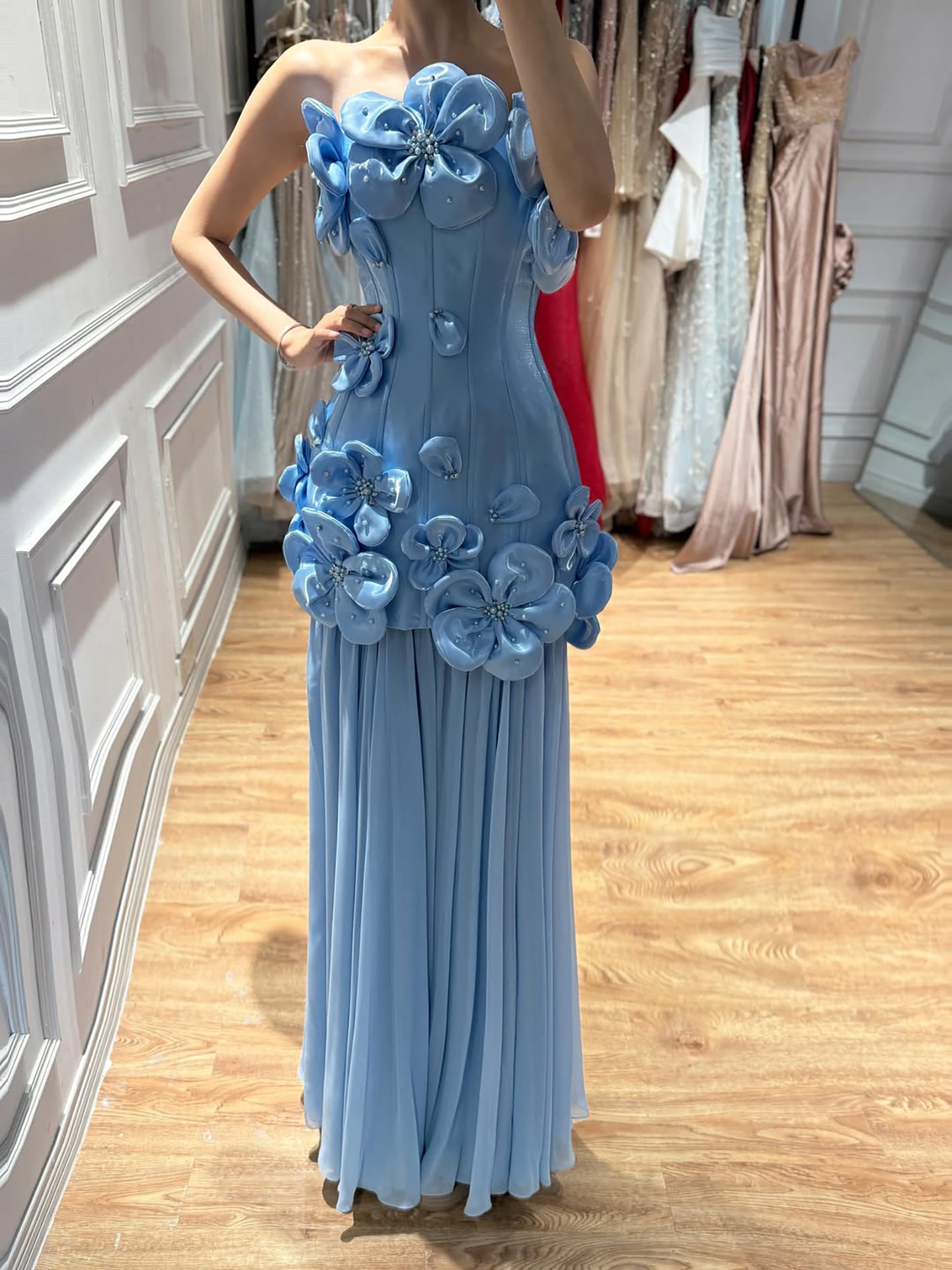 Luxury Blue Strapless 3D Flower A Line Evening Dress LA73719A SERENE HILL