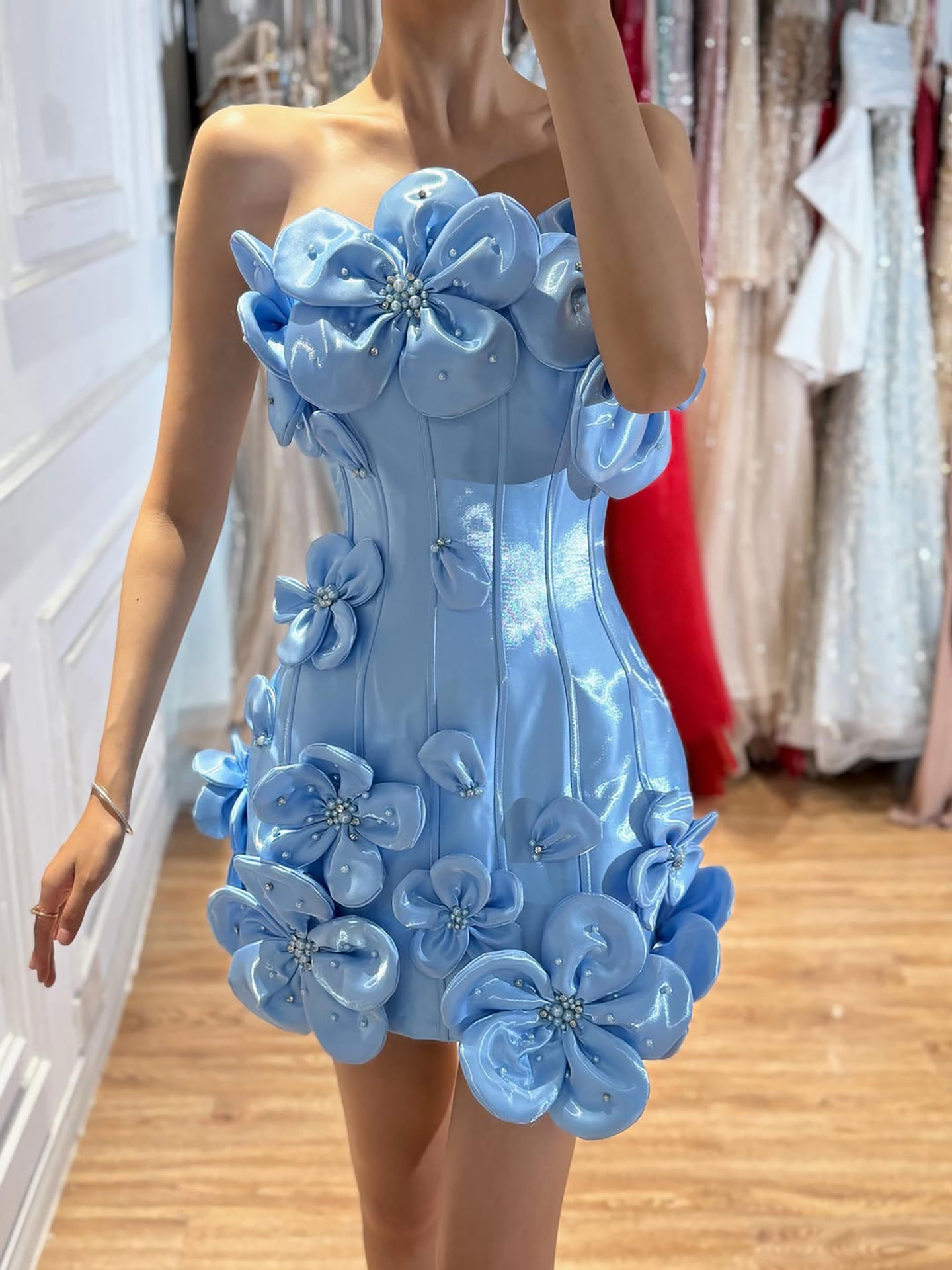 Luxury Blue Strapless 3D Flower A Line Evening Dress LA73719A SERENE HILL