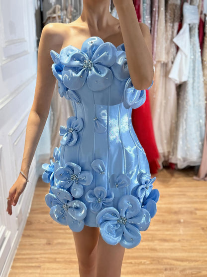 Luxury Blue Strapless 3D Flower A Line Evening Dress LA73719A SERENE HILL