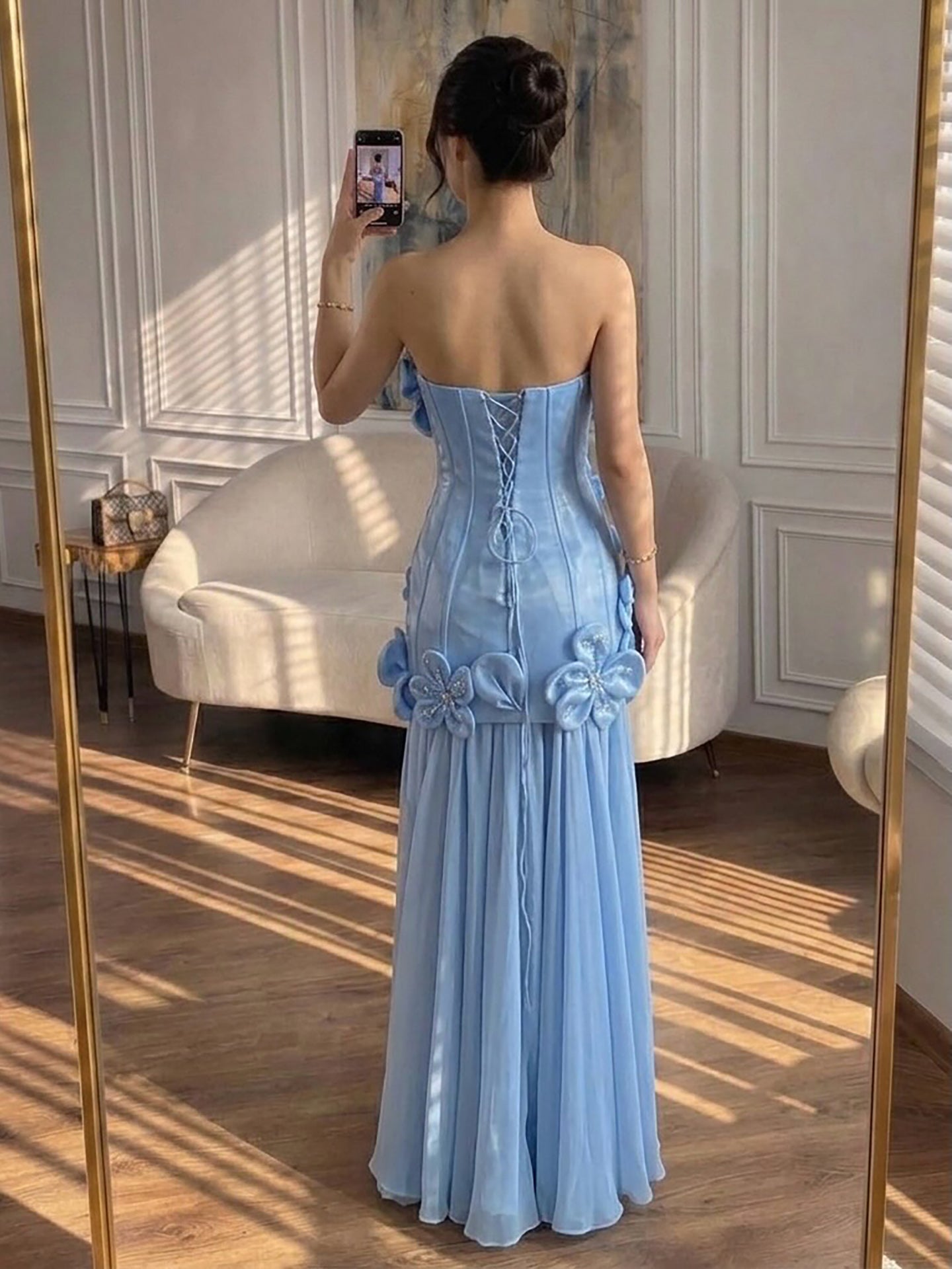 Luxury Blue Strapless 3D Flower A Line Evening Dress LA73719A SERENE HILL