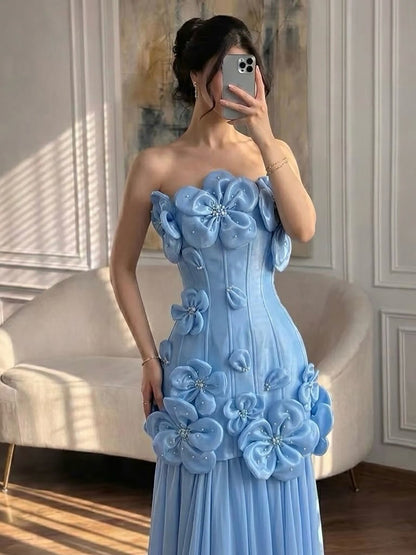 Luxury Blue Strapless 3D Flower A Line Evening Dress LA73719A SERENE HILL