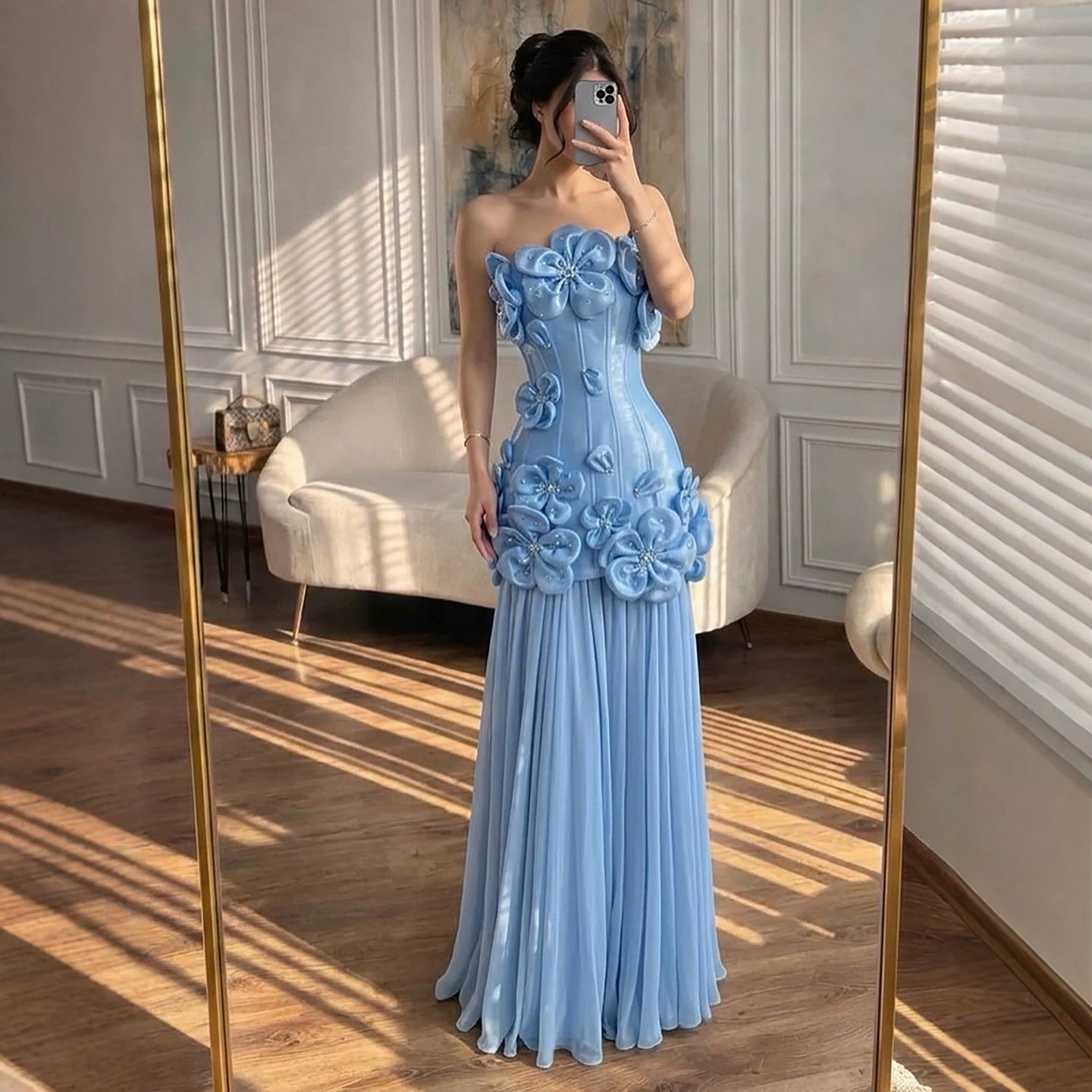 Luxury Blue Strapless 3D Flower A Line Evening Dress LA73719A SERENE HILL