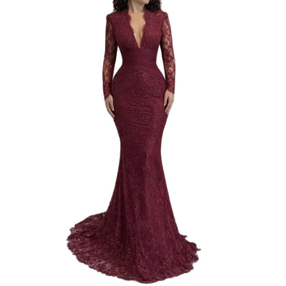 Luxury Wine Red Lace Mermaid Long Sleeve Evening Dress LA73720