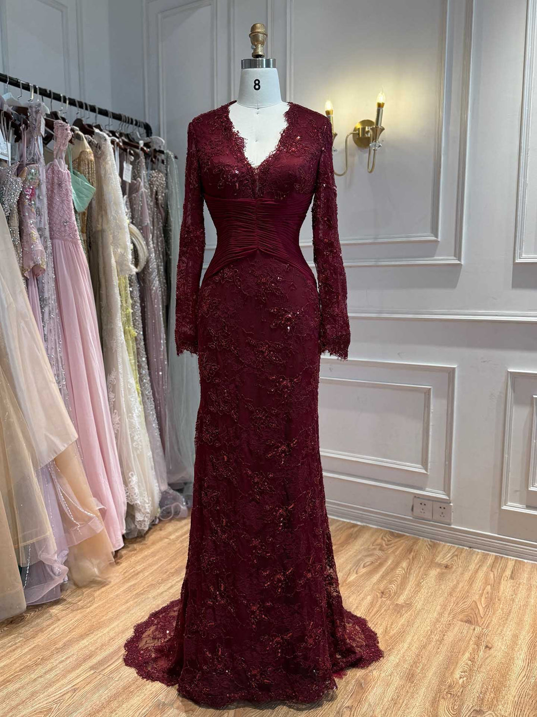 Luxury Wine Red Lace Mermaid Long Sleeve Evening Dress LA73720 SERENE HILL